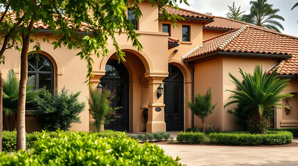 Mediterranean Style Luxury Home Exterior:  A Picturesque Villa with Landscaped Gardens and Elegant Facade