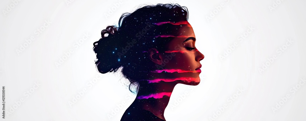 Poster starry watercolor idea. a silhouette of a woman with colorful abstract patterns representing inner e