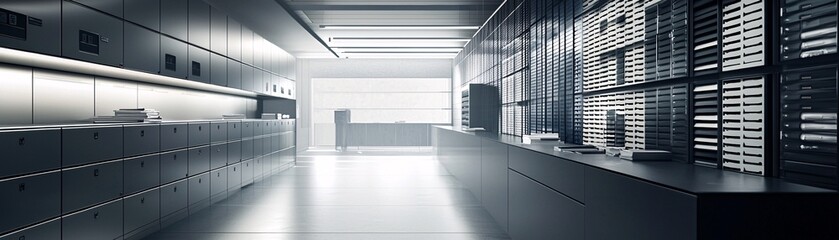 Fototapeta premium A professional workspace with locked cabinets and organized folders, emphasizing information source security