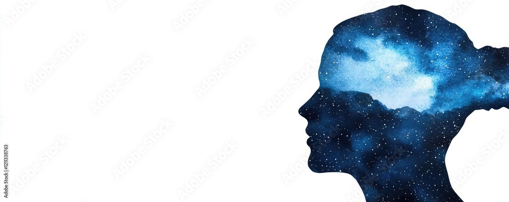 Poster starry watercolor idea. silhouette of a woman with a cosmic background representing dreams and imagi