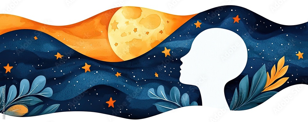 Poster starry watercolor idea. abstract illustration of a serene mind with celestial elements and flowing c