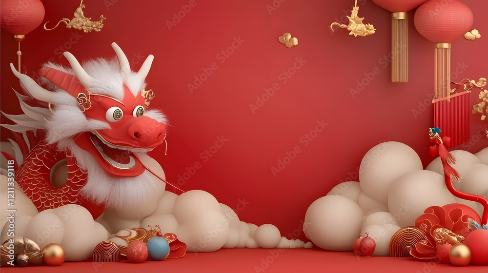 Aufkleber Vibrant 3D rendering of a Chinese dragon head with bold red and gold tones fluffy white fur and colorful traditional oriental motifs and patterns