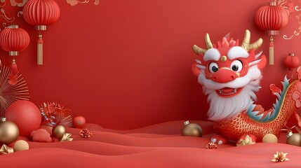Fototapeta premium Detailed 3D of a Chinese dragon head featuring intricate patterns bold colors and fluffy fur set against an abstract wave background with a festive red orange tone This mythical powerful