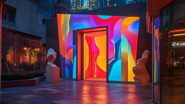 surreal art gallery entrance luminous arch glowing neon portal abstract unique design pattern futuristic architectural design wallpaper door gate sci-fi fantasy myth fiction dream indoor explore