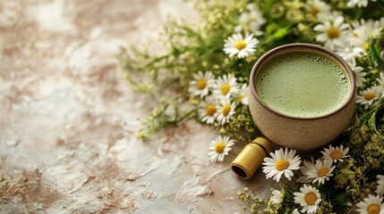 Obraz na płótnie Canvas A soothing green drink surrounded by fresh flowers, evoking tranquility and wellness.