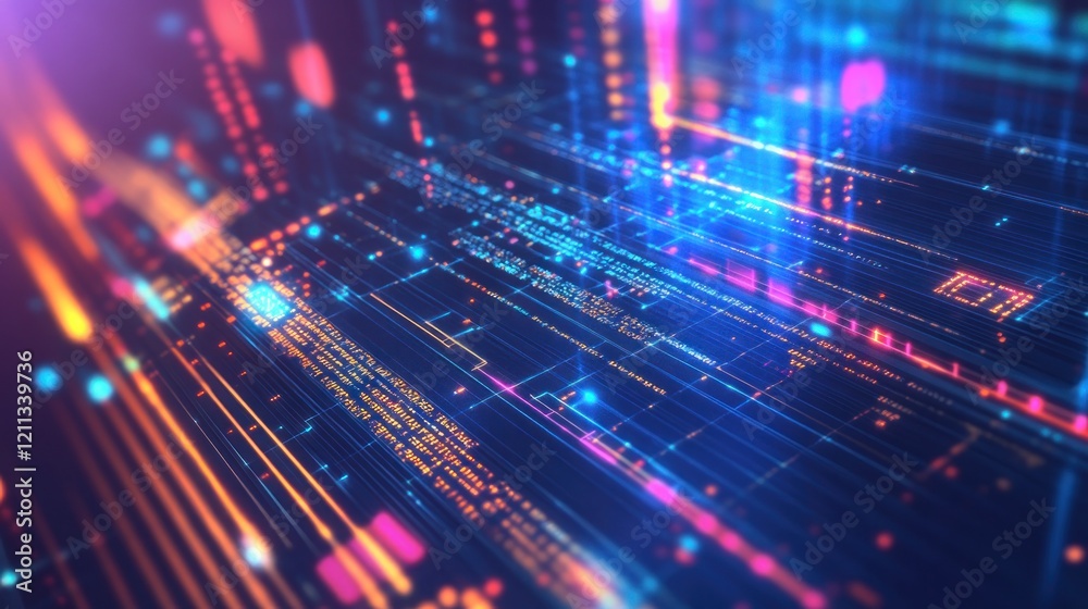 Poster abstract digital data stream: neon hues and dynamic code