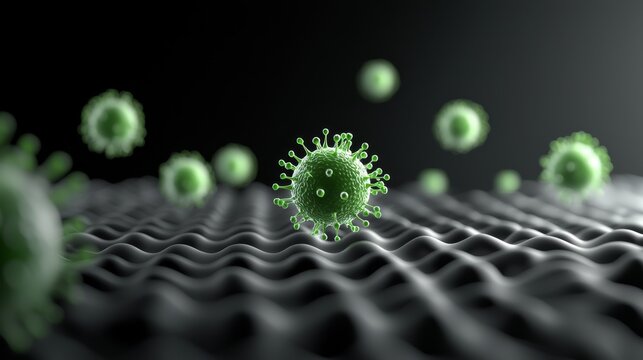 vaccination virus serum. Microscopic view of green virus particles on a textured surface, illustrating a scientific concept related to microbiology or infection.