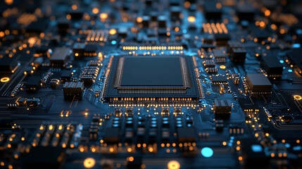 Close-up modern computer chip circuit board advanced technology hardware development IT infrastructure concept innovation visual wallpaper advertising marketing campaign banner computer gpu cup
