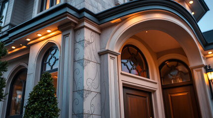 Luxury Home Exterior at Night: Elegant Stone Facade, Modern Design, and Classic Architectural Details