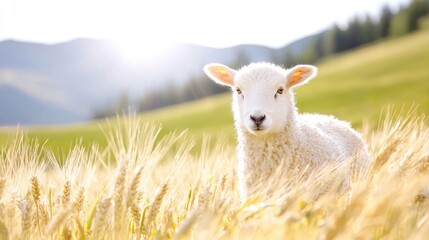 Naklejka premium Lamb in wheat field, sunny mountain background, spring