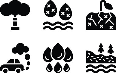 air pollution, water pollution, soil pollution, car emission, water, groundwater solid or glyph icon