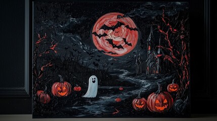 Spooky Halloween Night Painting  Bats  Pumpkins  Ghost  Moon