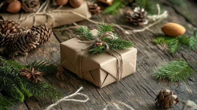 Rustic holiday gift wrapping with pinecones and evergreens on wooden table