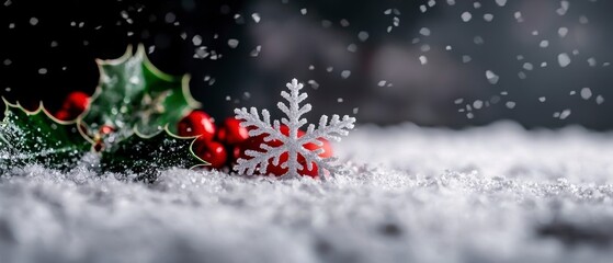 Festive Christmas Snowflake  Holly  Snow Scene  Winter Holiday Background