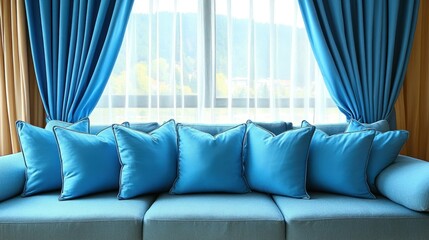 Serene Living Room Interior Design: Blue Pillows and Curtains