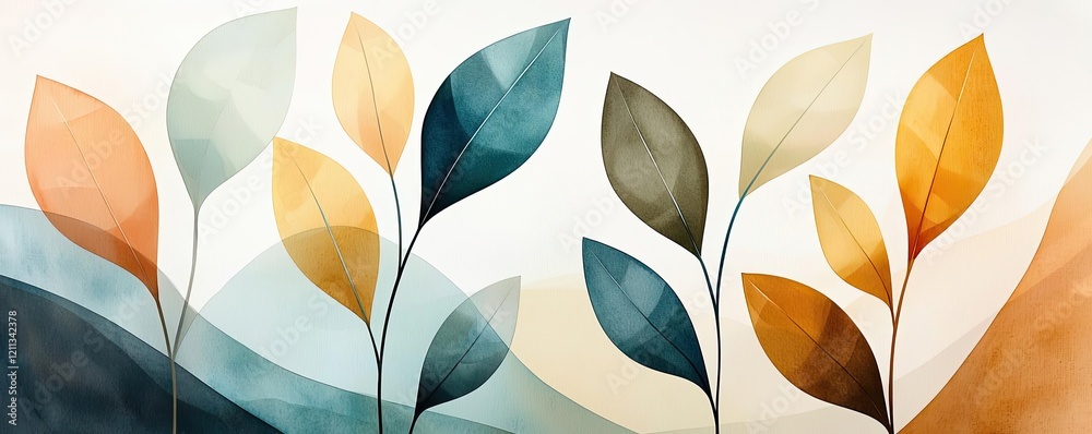 Poster Rustic watercolor concept. Colorful abstract leaves with soft shapes and gradients, ideal for modern design projects.