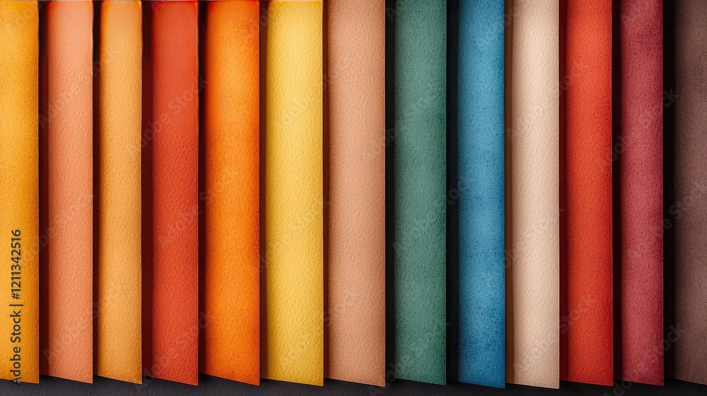 Poster Rustic watercolor concept. Vibrant color palette featuring various textured paper sheets arranged vertically.