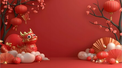 Obraz premium Vibrant Chinese New Year with Red Lanterns Gold Patterns and Cherry Blossoms A Stunning Background for Traditional Festive Decor and Auspicious Symbols of Prosperity and Happiness