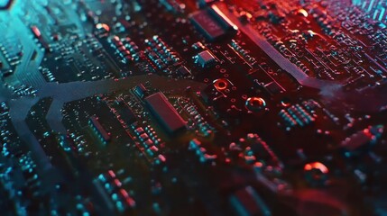 Obraz premium Abstract Close-up of a Circuit Board with Red and Blue Lighting