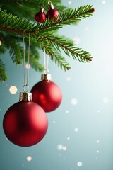 Naklejka premium Red ornaments hanging from a curved fir branch, ornament, red ornaments, fir branch