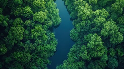 Naklejka premium Aerial View of Lush Green Forest with Calm River Flowing Through