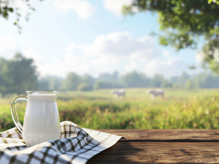 Jug of milk on a wooden table with background of cow in a field