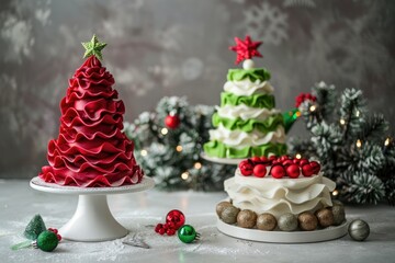 Christmas tree cake with red and green colors on a white stand