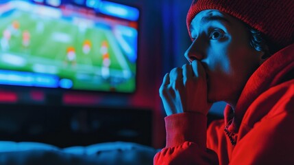 A dynamic image of a person anxiously biting their nails while watching a sports game on TV