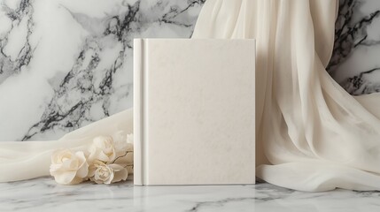 Mockup wedding photobook book cover with romantic silky drape plant background, anniversary, blank book	