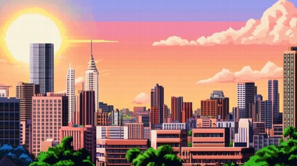 Obraz premium Pixel Sunset Cityscape: A vibrant, pixel art cityscape bathed in the warm glow of a setting sun. Tall skyscrapers and lush greenery create a captivating urban scene. 