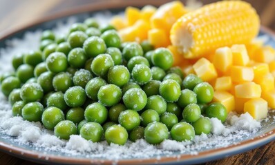 Vibrant green peas with corn and mango