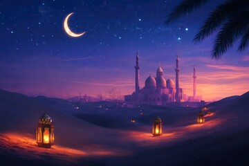 Obraz premium Magical Desert Night with Mosque Silhouette, Crescent Moon, Starry Sky, and Lanterns Lighting Sandy Dunes 