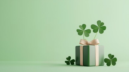 A gift box adorned with a ribbon, featuring shamrock leaves, set against a soft green background, symbolizing luck and celebration.