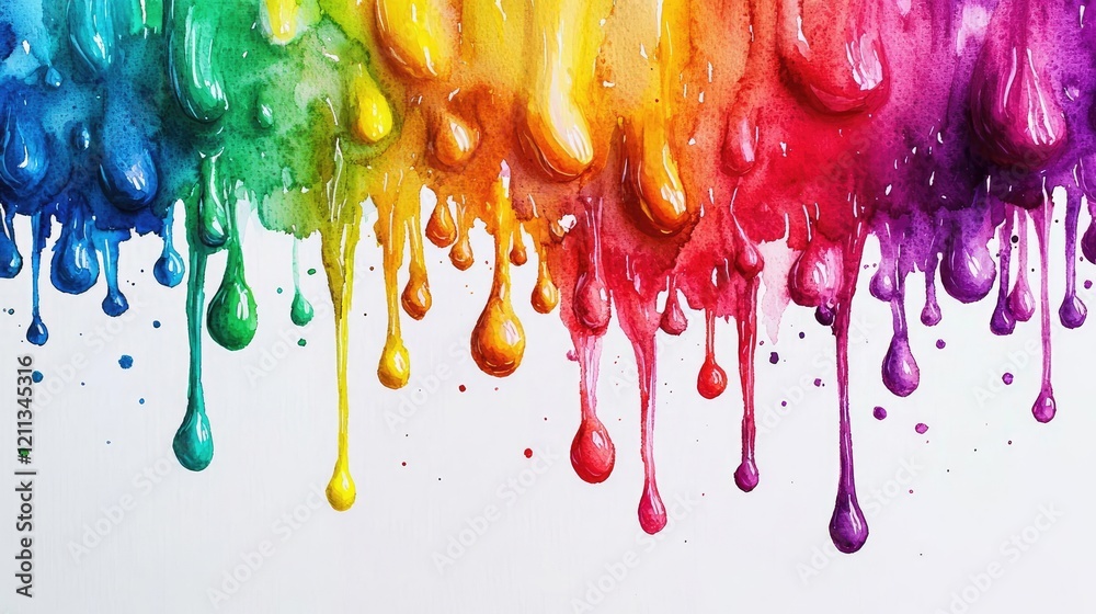 Poster splattered watercolor idea. vibrant rainbow paint drips create a dynamic and colorful abstract backd