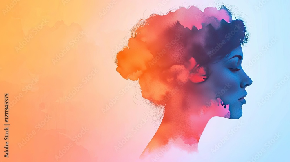 Poster splattered watercolor idea. a vibrant artistic representation of a woman's profile blending with col