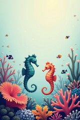 An Enchanting Underwater Scene Featuring Two Colorful Seahorses Amidst Vibrant Coral Reefs and Playful Fish