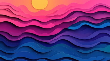 Obraz premium Sunset over layered paper waves, digital art, background