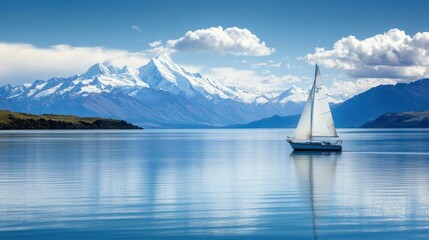 Serene Sailboat on Lake with Majestic Mountain backdrop