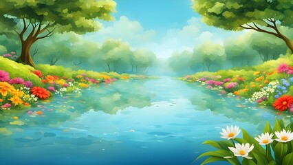Naklejka premium Vibrant illustration of a tranquil river flowing through a lush, colorful floral forest.