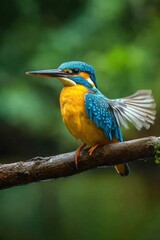 Vibrant blue-yellow kingfisher perched on branch.