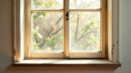 Sunlight streams through an aged window pane, illuminating a weathered wooden sill