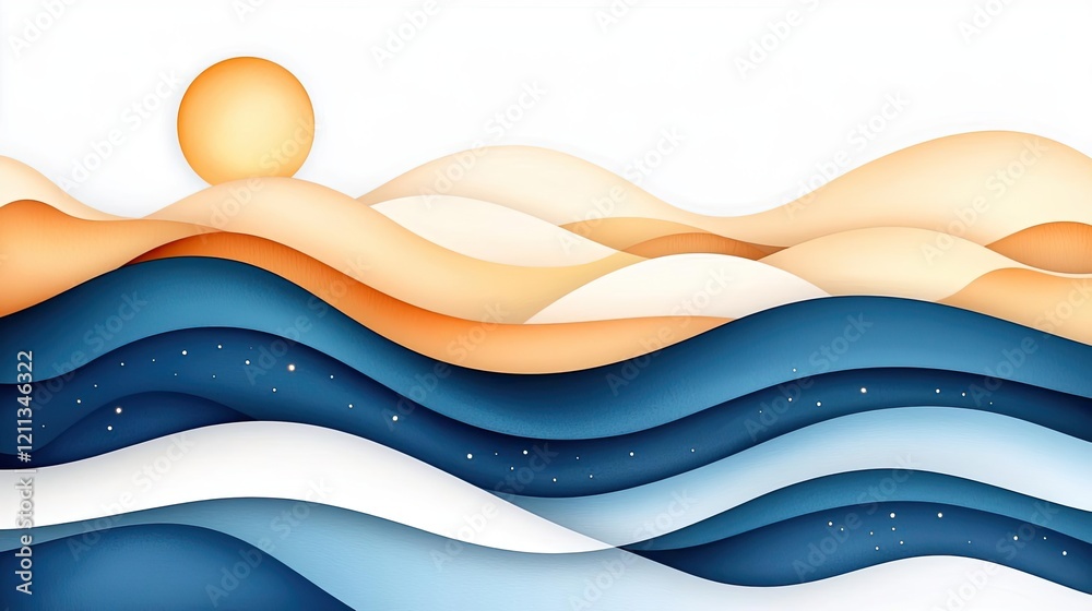 Poster starry watercolor idea. stylized waves and sunset in warm colors, creating a serene and abstract coa
