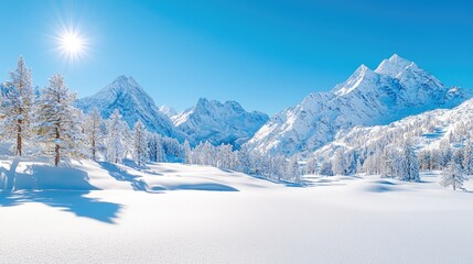 Obraz premium Sunny winter alpine landscape, snow-covered mountains, trees, and valley. Ideal for travel brochures