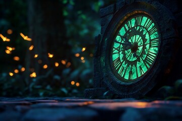 Enchanted Forest Clock: A Glowing Timepiece in a Mystical Night