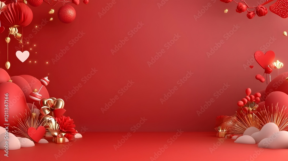 Poster romantic background with golden and red bokeh lights soft heart shaped accents and a serene elegant 