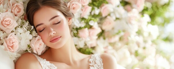 Fototapeta premium A serene woman rests amidst a backdrop of delicate pink roses, embodying beauty and tranquility.