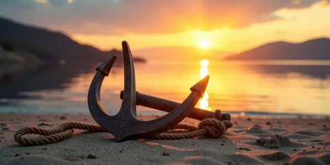 Wooden Anchor on Sandy Beach at Sunset, a Symbol of Hope and Tranquility
