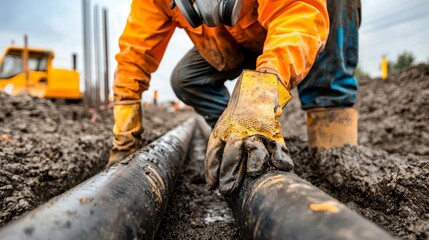 working in petrochemical plant. A worker in protective gear installs black pipes in a muddy construction site, demonstrating industrial labor and infrastructure development.