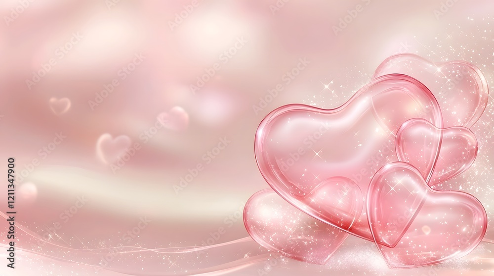 Poster soft layered pink hearts suspended in a romantic dreamy bokeh background creating a beautiful elegan