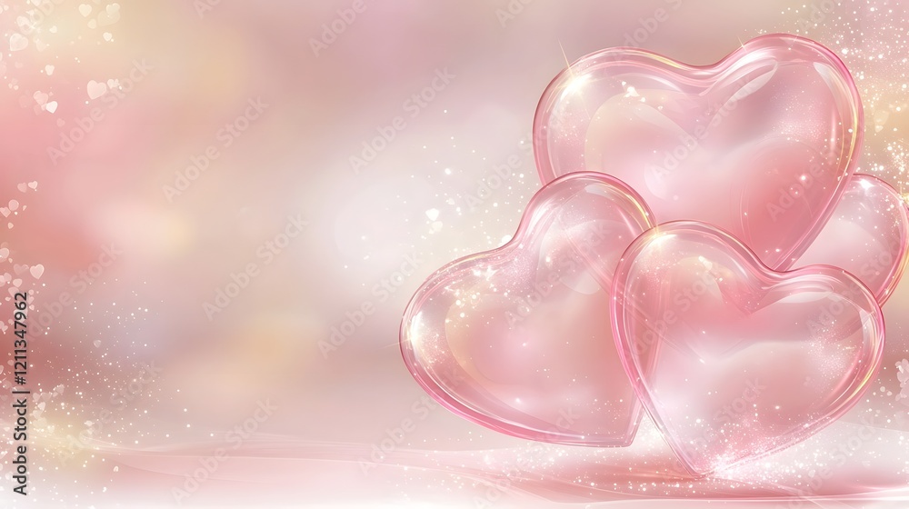 Poster soft romantic pink web banner design featuring layered hearts and a dreamy glowing bokeh background 